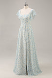 Vestido largo de dama de honor con volantes de gasa floral azul con abertura