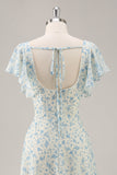 Vestido largo de dama de honor con volantes de gasa floral azul con abertura