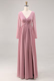 Vestido de dama de honor con cuello en V y manga larga de color rosa empolvado simple con abertura