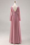 Vestido de dama de honor con cuello en V y manga larga de color rosa empolvado simple con abertura