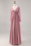 Vestido de dama de honor con cuello en V y manga larga de color rosa empolvado simple con abertura