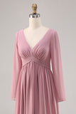 Vestido de dama de honor con cuello en V y manga larga de color rosa empolvado simple con abertura