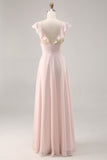 Vestido de dama de honor largo fruncido con mangas casquillo rosa caramelo con faja