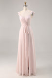 Vestido de dama de honor largo fruncido con mangas casquillo rosa caramelo con faja