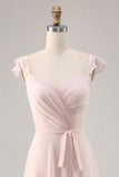 Vestido de dama de honor largo fruncido con mangas casquillo rosa caramelo con faja