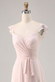 Vestido de dama de honor largo fruncido con mangas casquillo rosa caramelo con faja