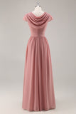 Vestido largo de dama de honor de gasa fruncida con escote en V rosa empolvado con drapeado