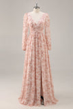 Vestido de dama de honor de gasa de gasa con abertura y escote en V floral rosa