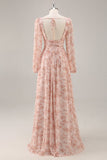 Vestido de dama de honor de gasa de gasa con abertura y escote en V floral rosa