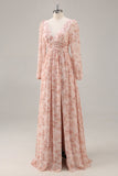 Vestido de dama de honor de gasa de gasa con abertura y escote en V floral rosa