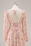 Vestido de dama de honor de gasa de gasa con abertura y escote en V floral rosa