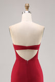 Vestido largo de dama de honor con tirantes de espagueti de gasa fruncido rojo oscuro con abertura