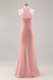 Vestido largo de dama de honor de gasa de gasa halter con lazo