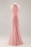 Vestido largo de dama de honor de gasa de gasa halter con lazo