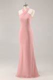 Vestido largo de dama de honor de gasa de gasa halter con lazo