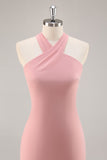 Vestido largo de dama de honor de gasa de gasa halter con lazo