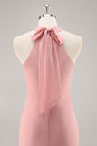 Vestido largo de dama de honor de gasa de gasa halter con lazo