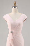 Vestido midi Madre de la Novia con cuello en V Nailon Rosa Caramelo con volante