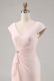 Vestido midi Madre de la Novia con cuello en V Nailon Rosa Caramelo con volante