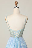 Vestido de regreso a casa de lentejuelas con cuello en V azul claro brillante