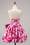 Floral Fucsia Strapless A Line Vestido de regreso a casa con lazo