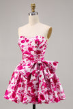 Floral Fucsia Strapless A Line Vestido de regreso a casa con lazo