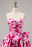 Floral Fucsia Strapless A Line Vestido de regreso a casa con lazo