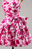Floral Fucsia Strapless A Line Vestido de regreso a casa con lazo