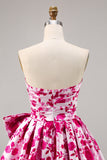 Floral Fucsia Strapless A Line Vestido de regreso a casa con lazo