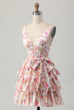 Vestido corto de regreso a casa con escote en V floral rosa con una línea escalonada y lazo