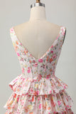 Vestido corto de regreso a casa con escote en V floral rosa con una línea escalonada y lazo