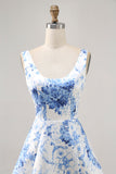 Estampado Blanco Azul Flor A Line Vestido de Regreso a Casa
