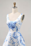 Estampado Blanco Azul Flor A Line Vestido de Regreso a Casa