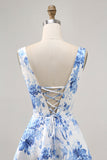 Estampado Blanco Azul Flor A Line Vestido de Regreso a Casa
