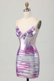 Vestido de regreso a casa con cuello en V con volantes en color púrpura plateado