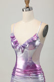 Vestido de regreso a casa con cuello en V con volantes en color púrpura plateado