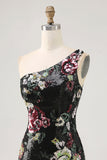 Vestido de regreso a casa de lentejuelas ajustados de flores negras de un solo hombro