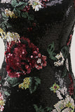 Vestido de regreso a casa de lentejuelas ajustados de flores negras de un solo hombro
