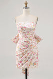 Vestido de regreso a casa fruncido sin tirantes sin tirantes de flores rosas