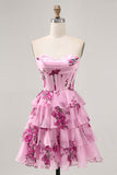Vestido de regreso a casa sin tirantes floral rosa escalonado