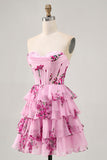 Vestido de regreso a casa sin tirantes floral rosa escalonado