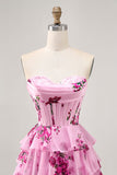 Vestido de regreso a casa sin tirantes floral rosa escalonado