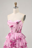Vestido de regreso a casa sin tirantes floral rosa escalonado
