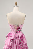 Vestido de regreso a casa sin tirantes floral rosa escalonado