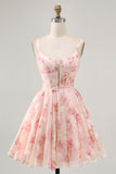 Vestido de regreso a casa estampado con corsé de cuello cuadrado floral Blush A Line