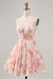 Vestido de regreso a casa estampado con corsé de cuello cuadrado floral Blush A Line