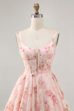 Vestido de regreso a casa estampado con corsé de cuello cuadrado floral Blush A Line