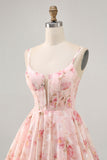 Vestido de regreso a casa estampado con corsé de cuello cuadrado floral Blush A Line