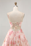 Vestido de regreso a casa estampado con corsé de cuello cuadrado floral Blush A Line