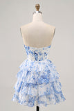 Vestido sin tirantes corsé de flores blancas y azules